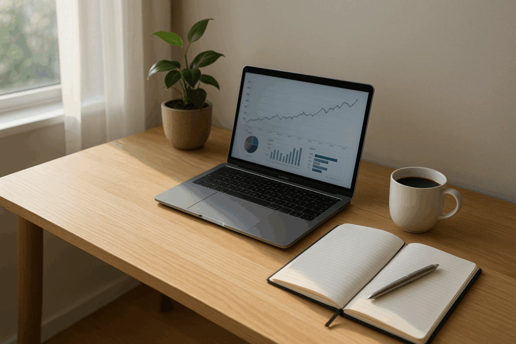 A bright, minimalist workspace with a laptop, investment charts, notebook, and a coffee cup in natural light — representing smart investing and the 10-minute productivity habit.