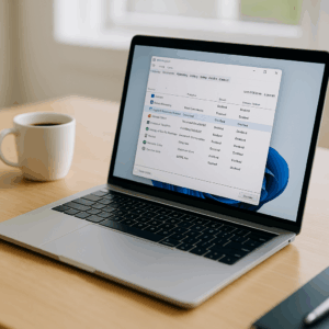 Bright minimalist workspace with a laptop showing performance graphs, white coffee cup, and clean desk — symbolizing PC optimization and speed improvement.