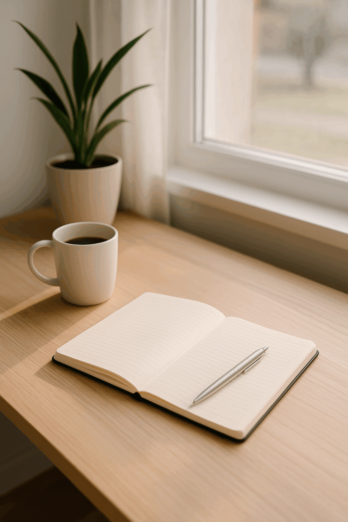A bright minimalist workspace with an open notebook, silver pen, white coffee cup, and a potted plant on a light wooden desk near a window with natural sunlight streaming in — symbolizing focus, calm, and the 10-minute productivity habit.