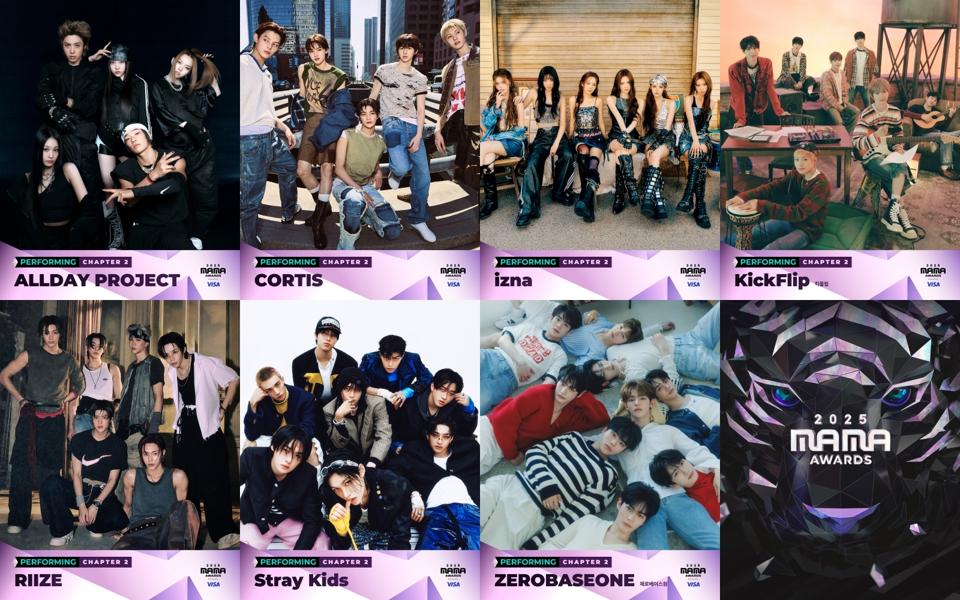 Collage of key 2025 MAMA Awards nominees including Jennie, aespa, Stray Kids, SEVENTEEN, RIIZE