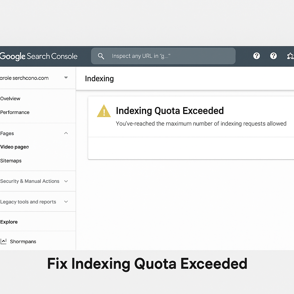 Google Search Console Indexing Quota Exceeded alert message on laptop screen