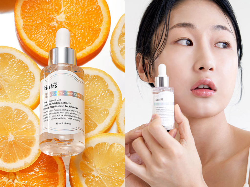 Hands layering essence and serum bottles on a soft pastel vanity table