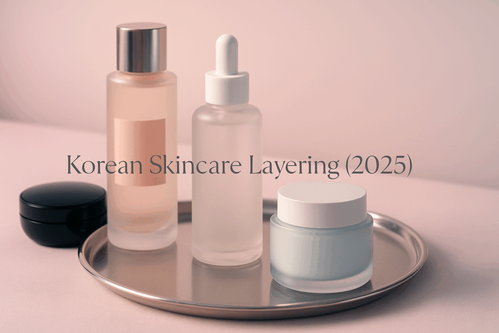 Korean skincare routine bottles and essence on a minimalist vanity in soft pastel lighting.