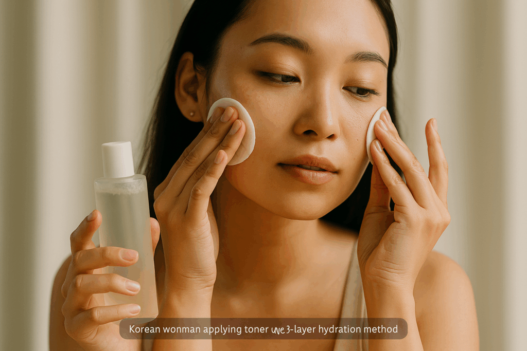 Korean skincare layering — essence and serum applied for glowing hydrated skin
