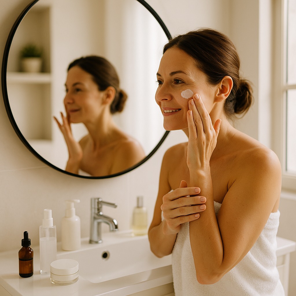 7-minute anti-aging routine – bright modern bathroom with mirror, skincare bottles, and a woman applying serum representing quick youthful skincare.
