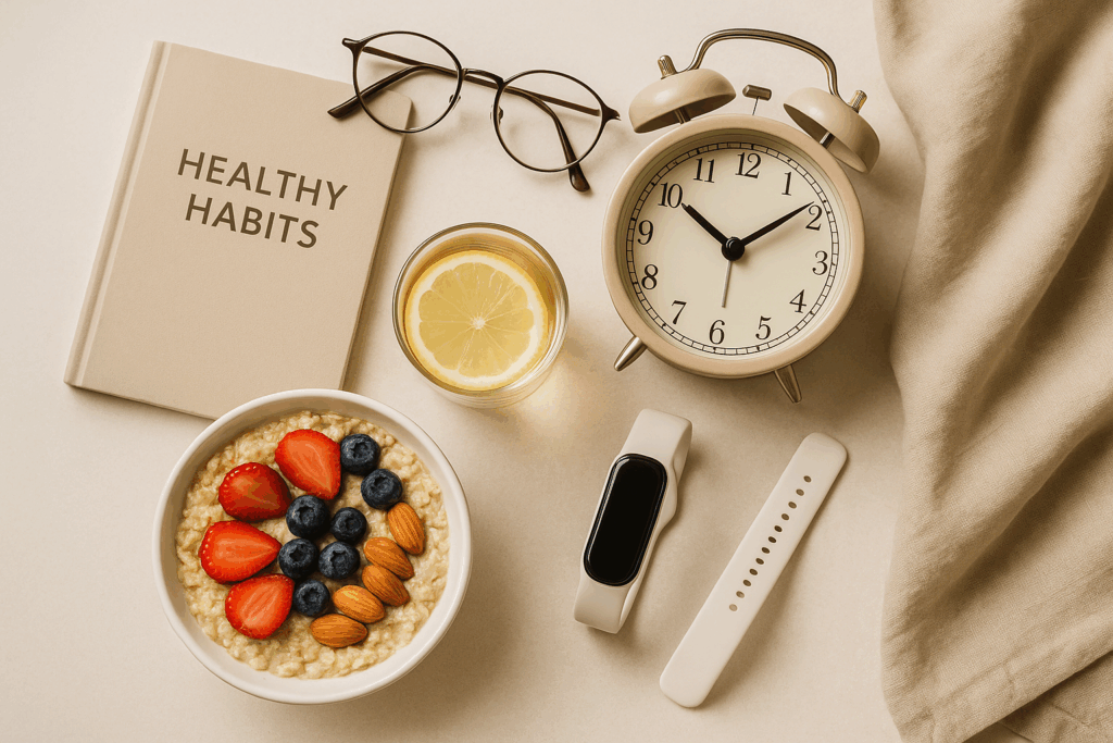 Healthy lifestyle breakfast sunlight flat lay longevity concept