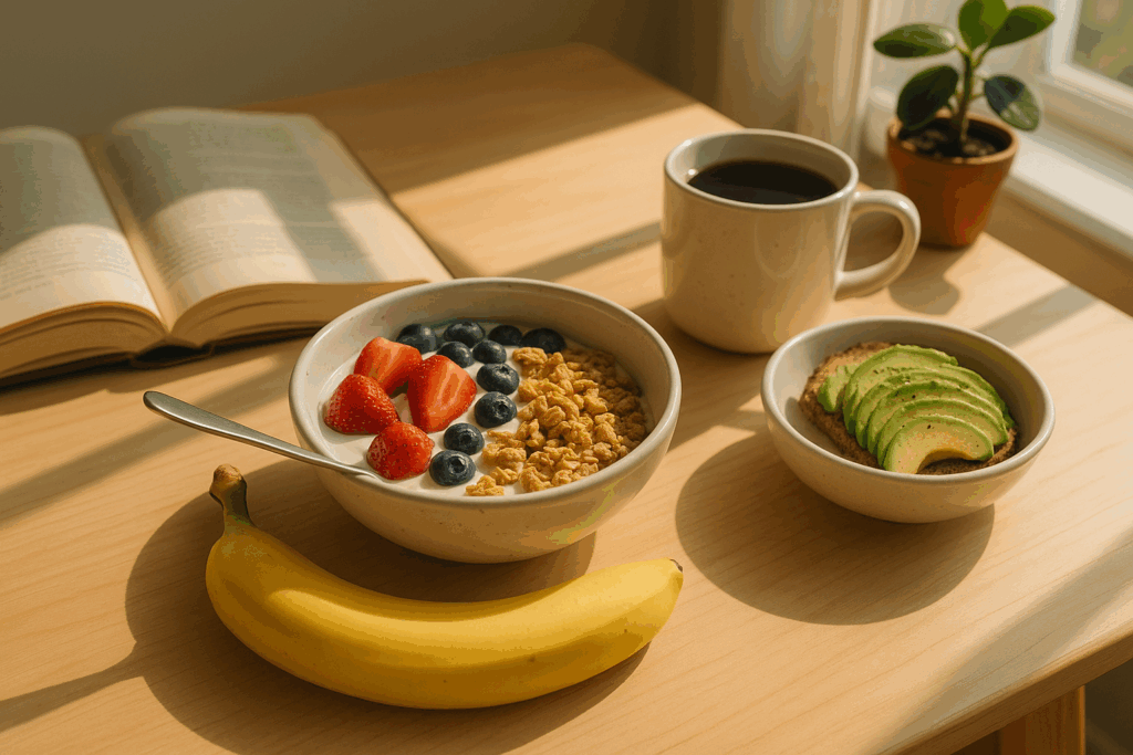 add 10 extra years to your healthy life. Healthy longevity lifestyle breakfast with whole foods and coffee