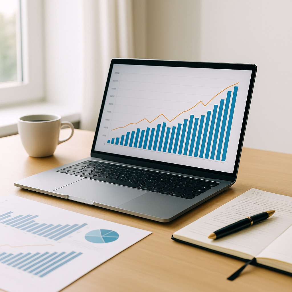 investment secrets – modern minimalist workspace with financial graphs, laptop, and coffee symbolizing focus, leverage, and disciplined wealth building.