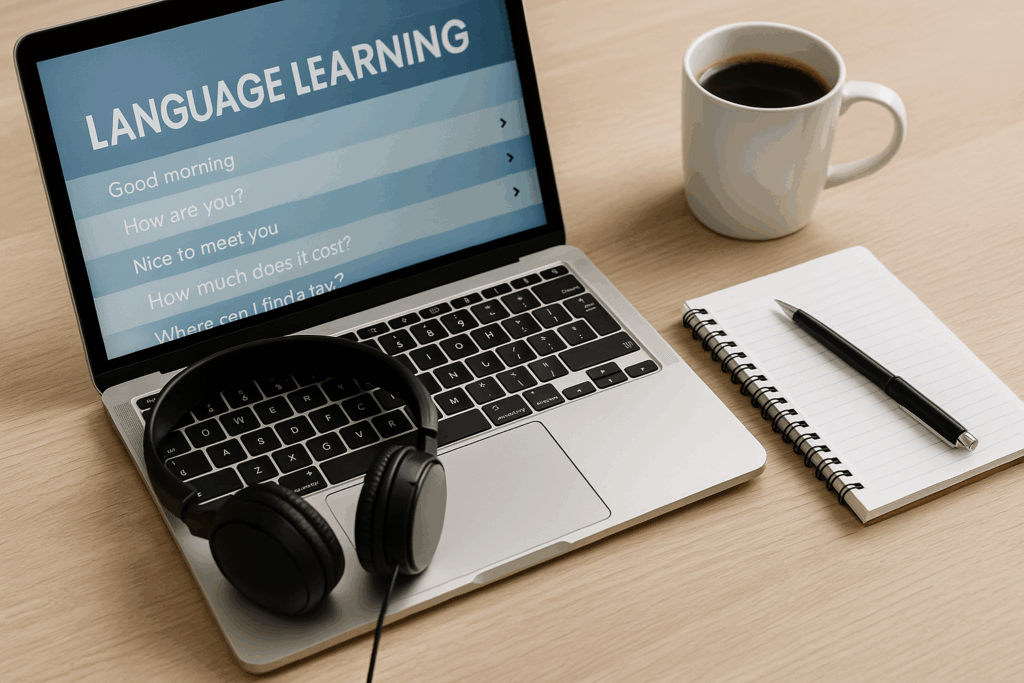language learning secrets – bright minimalist desk with laptop, headphones, notebook, and coffee symbolizing fast and focused study.