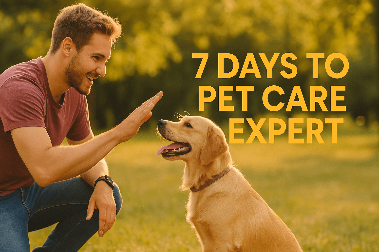 New pet owner training a happy dog outdoors during a 7-day pet care routine