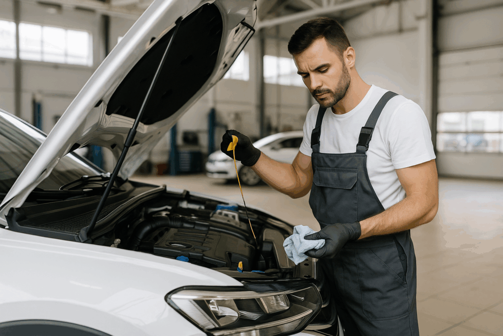 car maintenance strategies – professional mechanic checking engine oil, tire pressure, and coolant in a bright modern garage, symbolizing smart vehicle care.