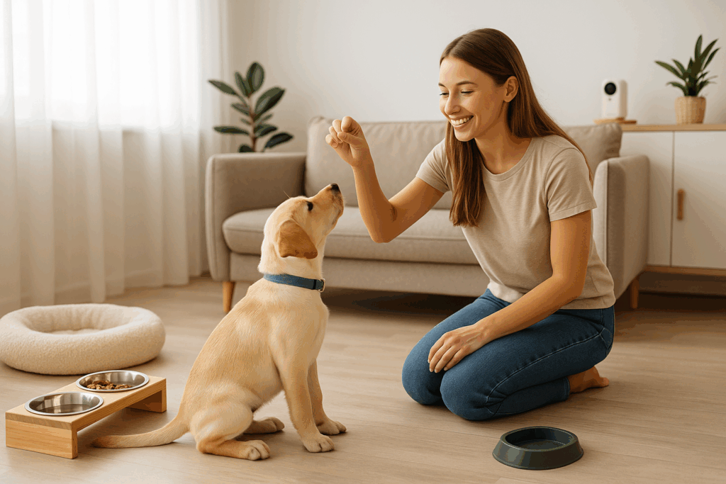 pet care expert – bright modern home with owner training puppy, feeding station, and cozy pet bed representing responsible and structured care.
pet training, pet hygiene, pet feeding routine, beginner pet owners