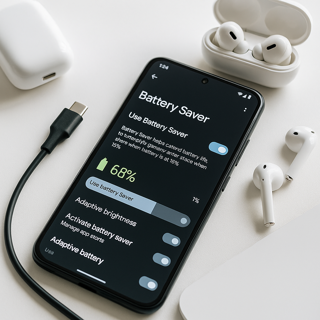 smartphone battery saving tips – bright minimalist desk with smartphone, charging cable, and coffee showing efficient power management setup..