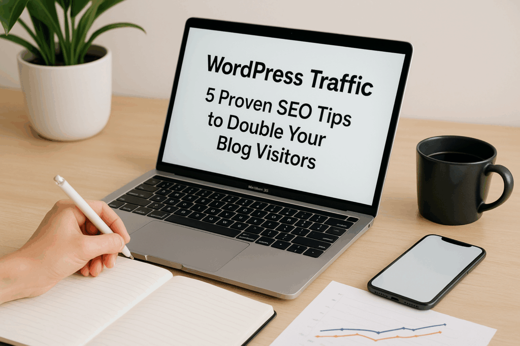 WordPress SEO optimization – clean website dashboard with analytics chart and performance metrics representing Core Web Vitals improvement and traffic growth.