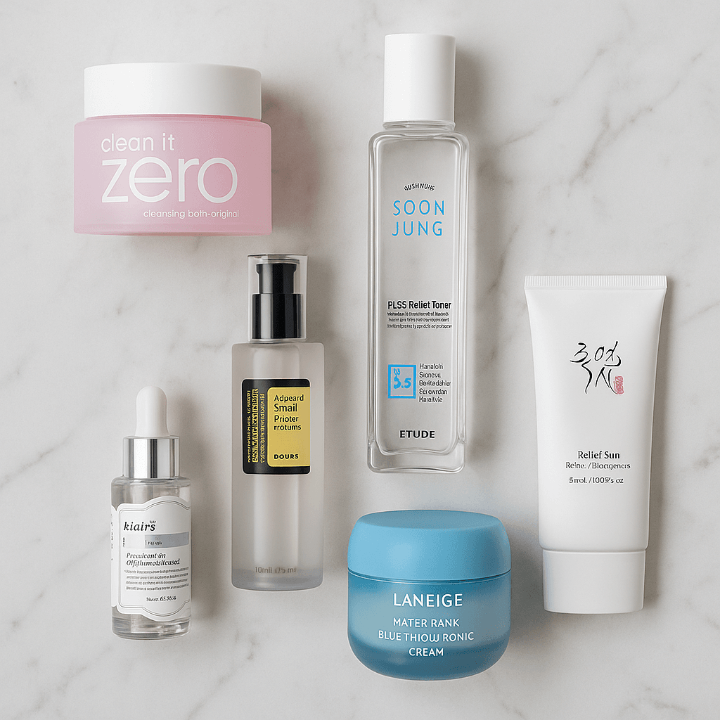 Korean skincare routine steps — cleansing, toning, moisturizing.