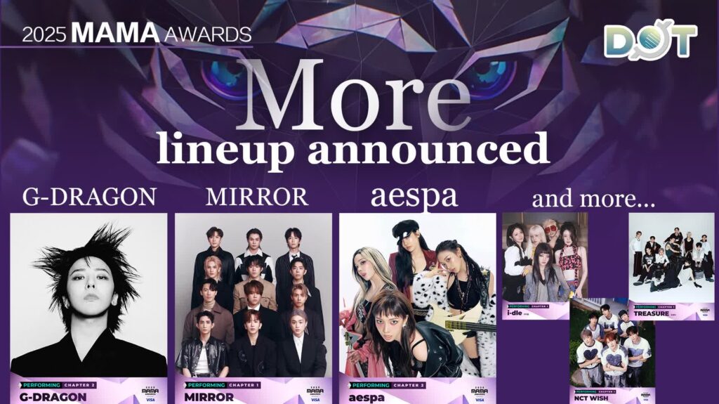 A red carpet moment at the MAMA Awards with Hong Kong’s skyline in the background.